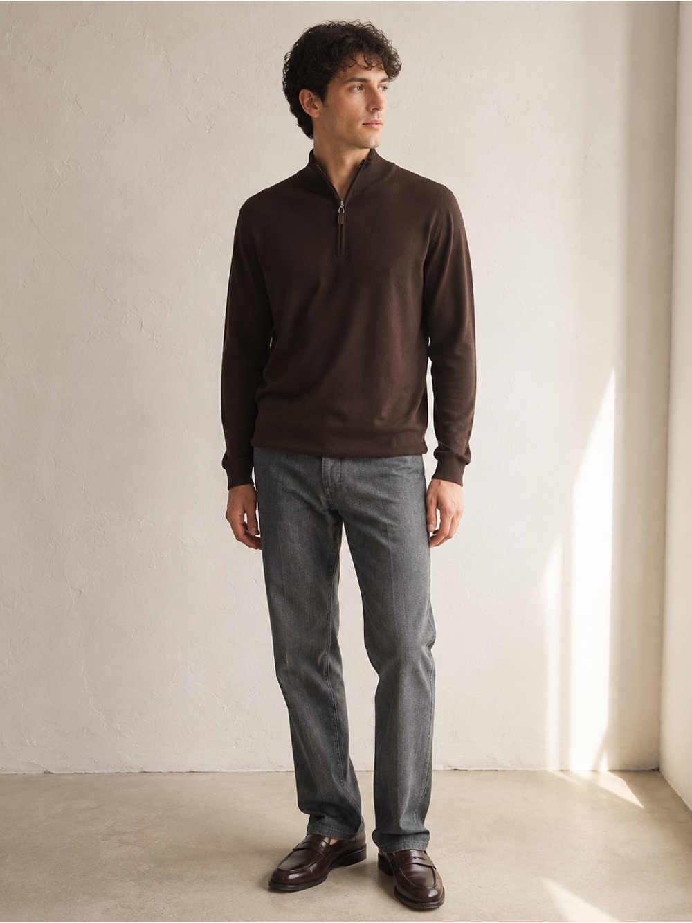 Merino Wool Elevated Basic Quarter Zip Chocolate Brown Sweater Pronto Uomo Sz L
